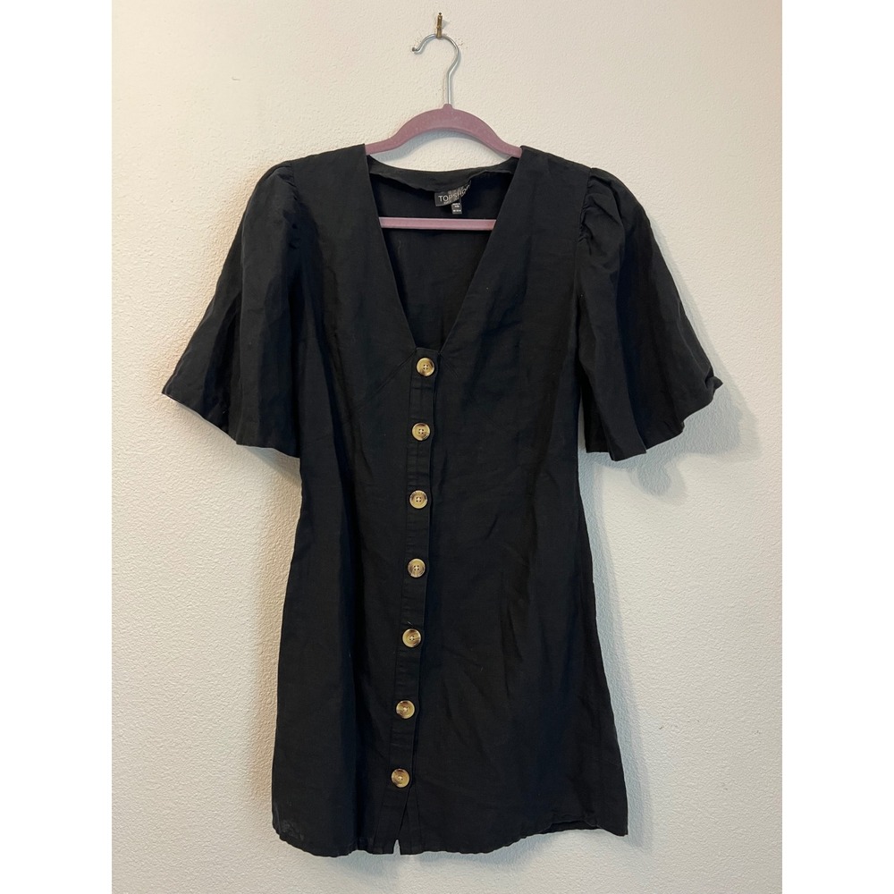 Topshop Black Mini Dress Button Front V Neck Short Sleeve Size US 2